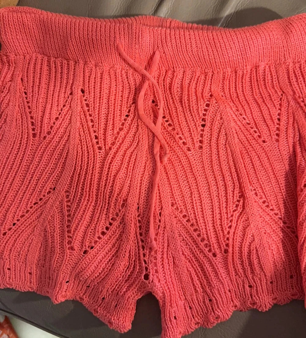 Short de plage en dentelle tricotée pour femme – Taille haute, cordon de serrage, design ajouré
