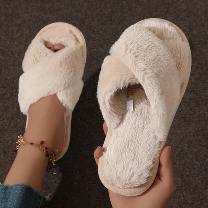 Women’s Fluffy Cross-Strap Slippers