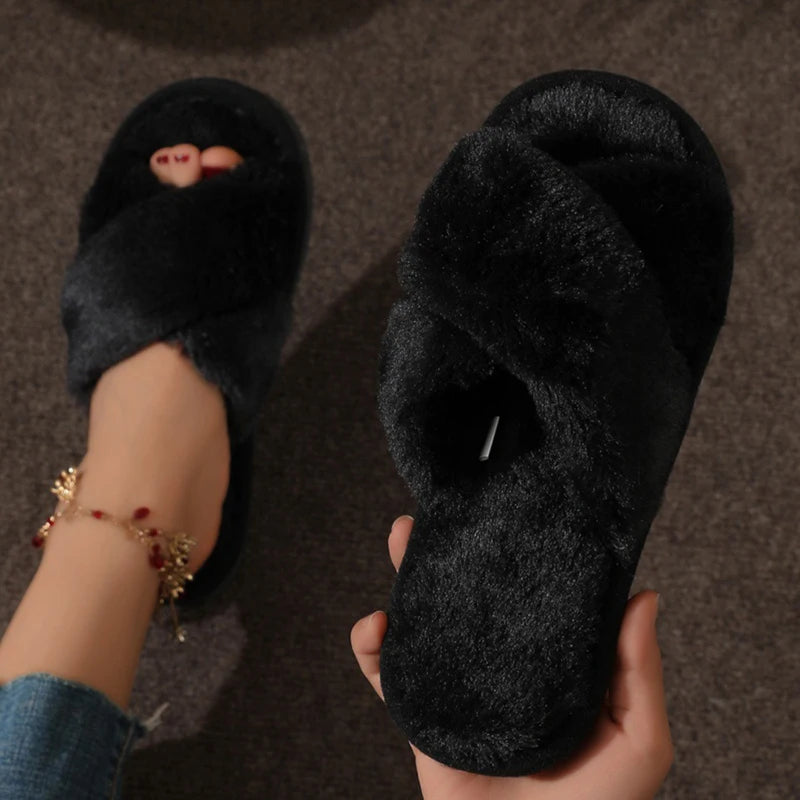 Women’s Fluffy Cross-Strap Slippers