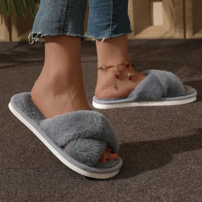 Women’s Fluffy Cross-Strap Slippers