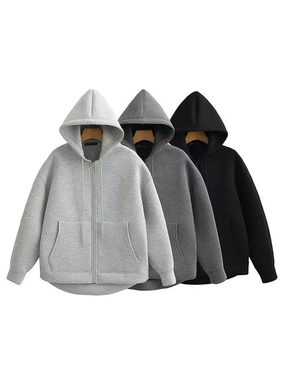 Veste zippée à capuche pour femme – Manteau décontracté ample avec poches
