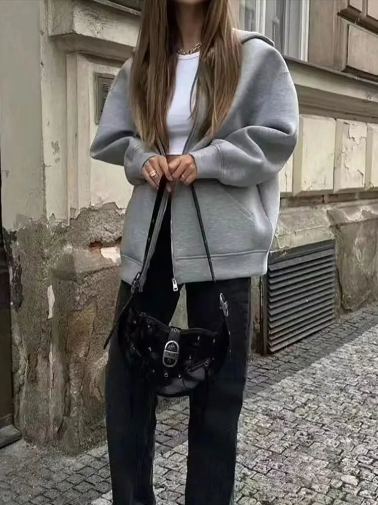 Veste zippée à capuche pour femme – Manteau décontracté ample avec poches