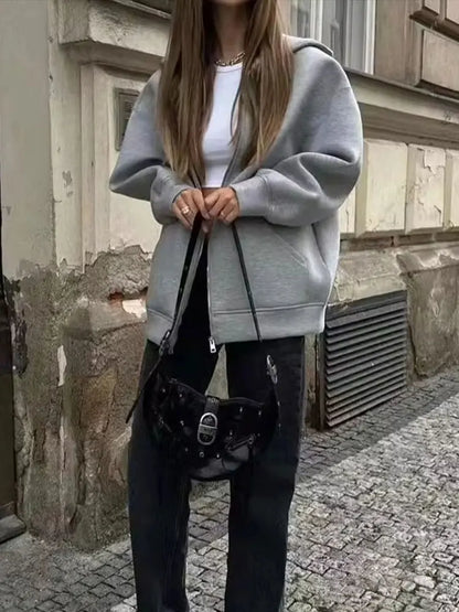 Veste zippée à capuche pour femme – Manteau décontracté ample avec poches