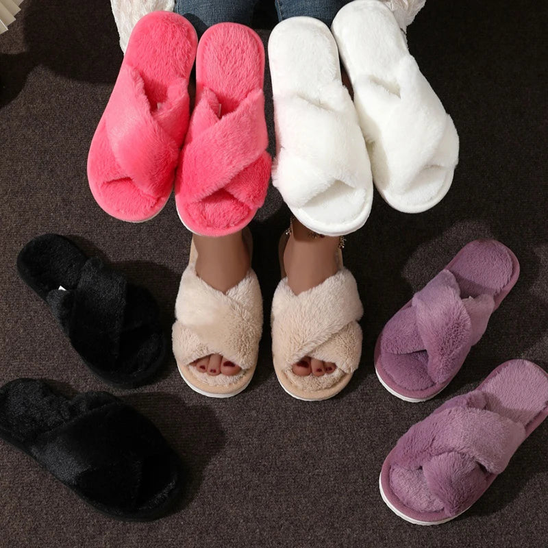 Women’s Fluffy Cross-Strap Slippers