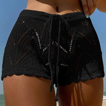 Short de plage en dentelle tricotée pour femme – Taille haute, cordon de serrage, design ajouré