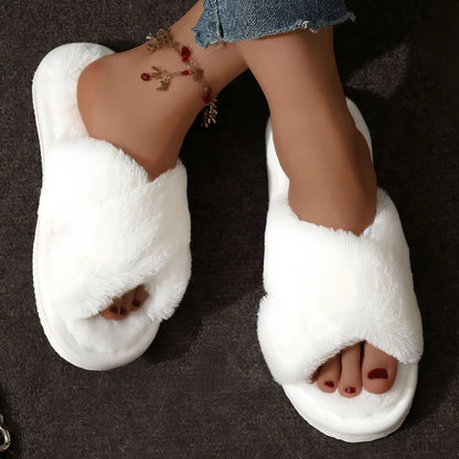 Women’s Fluffy Cross-Strap Slippers