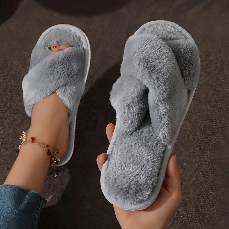 Women’s Fluffy Cross-Strap Slippers