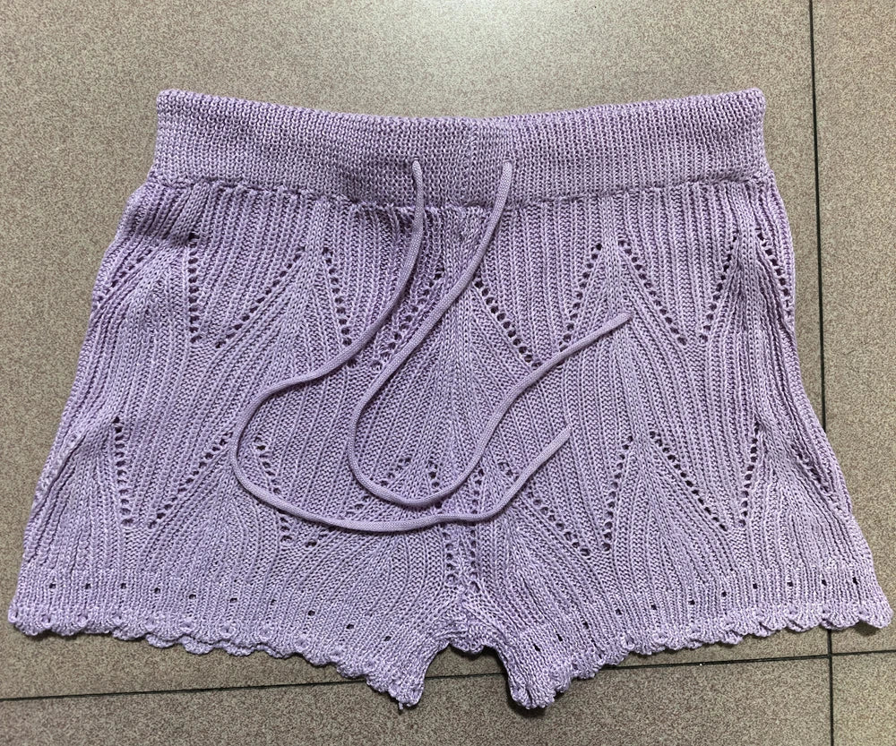 Short de plage en dentelle tricotée pour femme – Taille haute, cordon de serrage, design ajouré