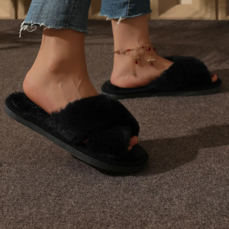 Women’s Fluffy Cross-Strap Slippers