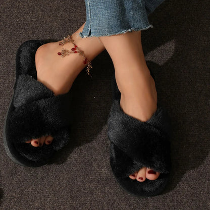 Women’s Fluffy Cross-Strap Slippers