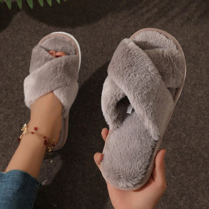 Women’s Fluffy Cross-Strap Slippers