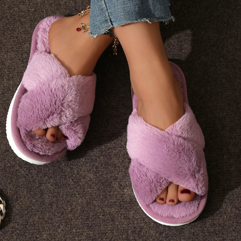 Women’s Fluffy Cross-Strap Slippers