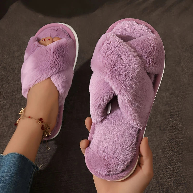 Women’s Fluffy Cross-Strap Slippers